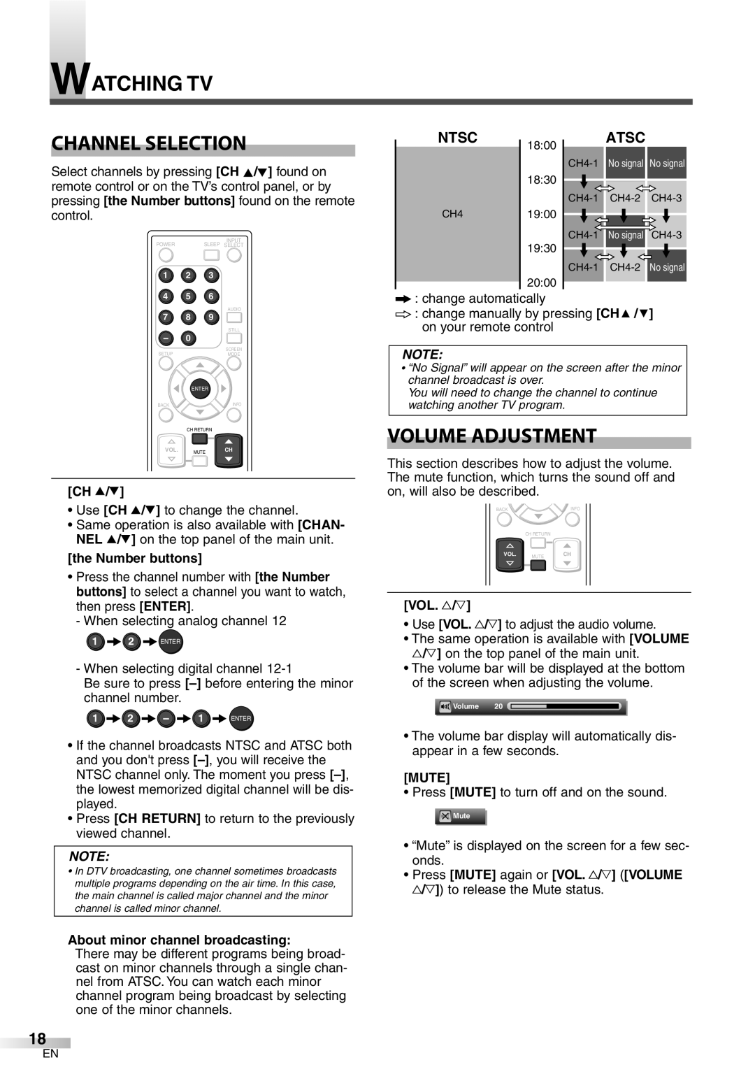 Emerson LC320EM8 owner manual Watching TV Channel Selection, Volume Adjustment, Ntsc, Atsc, Mute 