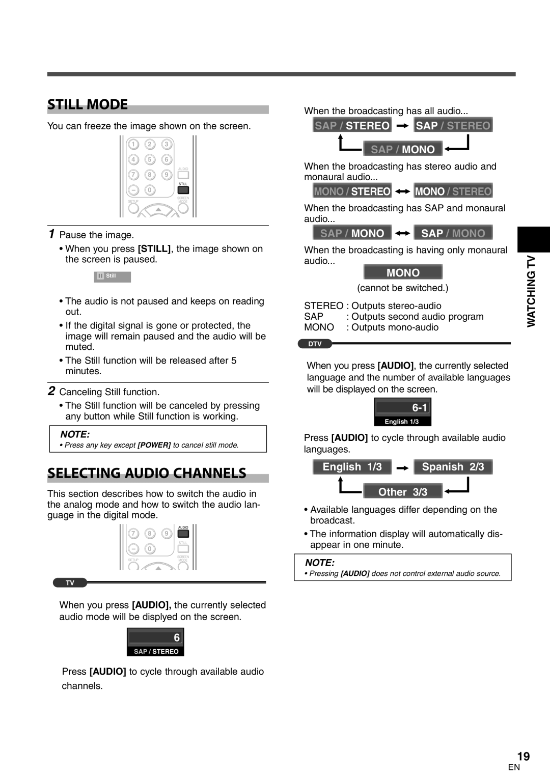 Emerson LC320EM8 owner manual Still Mode, Selecting Audio Channels 