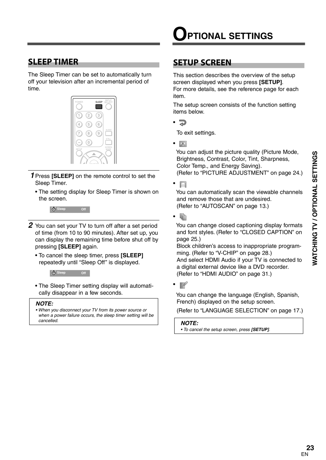 Emerson LC320EM8 owner manual Sleep Timer, Optional Settings Setup Screen, Watching TV / Optional Settings 