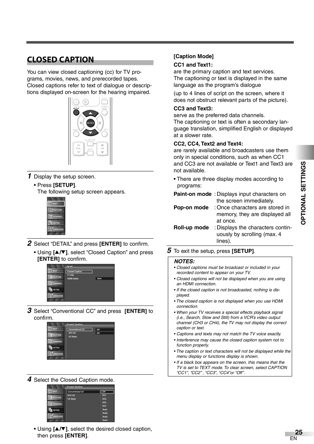 Emerson LC320EM8 Closed Caption, Optional Settings, Caption Mode CC1 and Text1, CC3 and Text3, CC2, CC4, Text2 and Text4 