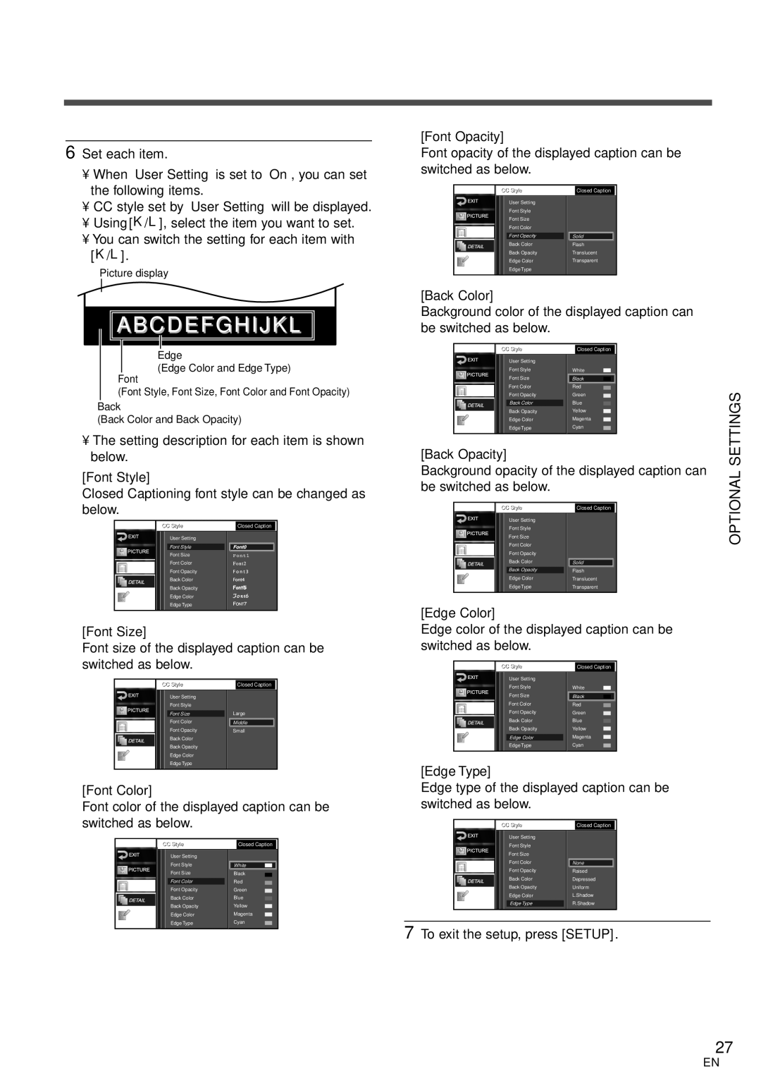 Emerson LC320EM8 owner manual Font Opacity, Font Style, Back Color, Back Opacity, Edge Color, Font Size, Edge Type 