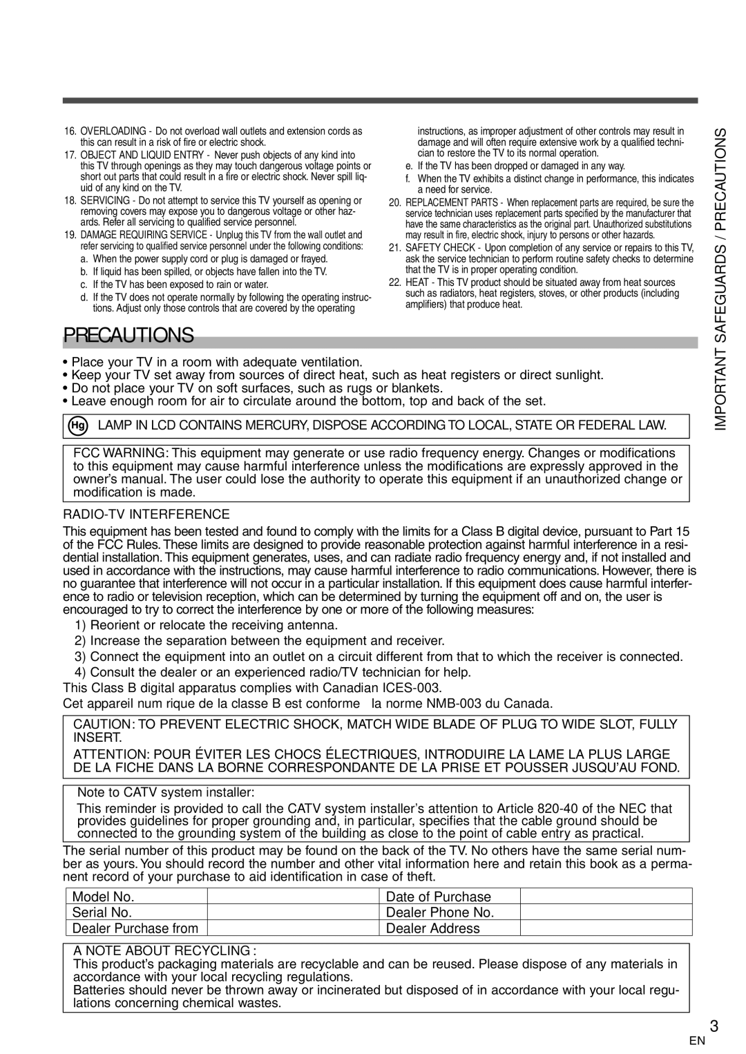 Emerson LC320EM8 owner manual Safeguards / Precautions, Dealer Purchase from 