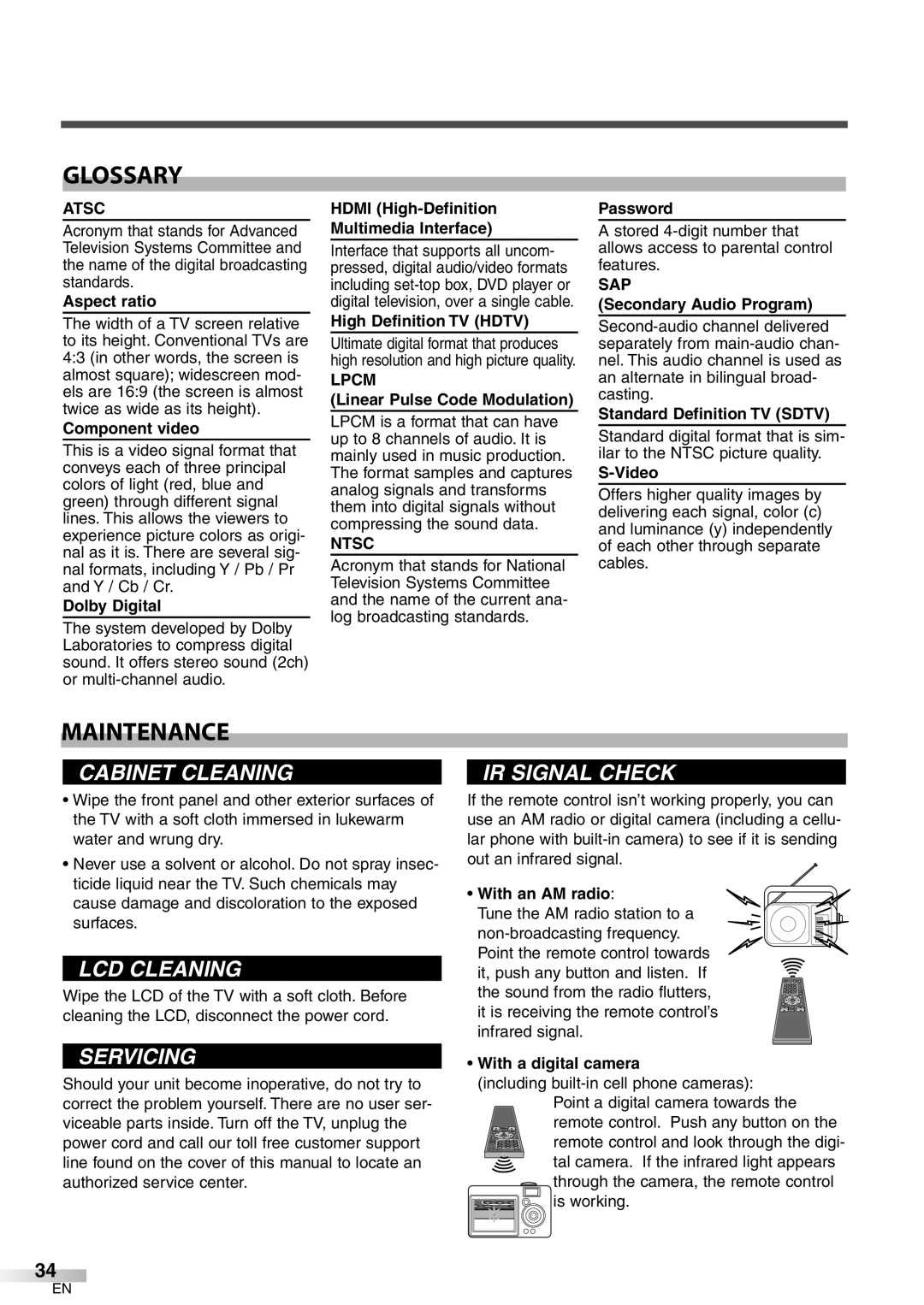 Emerson LC320EM8 owner manual Glossary, Maintenance 