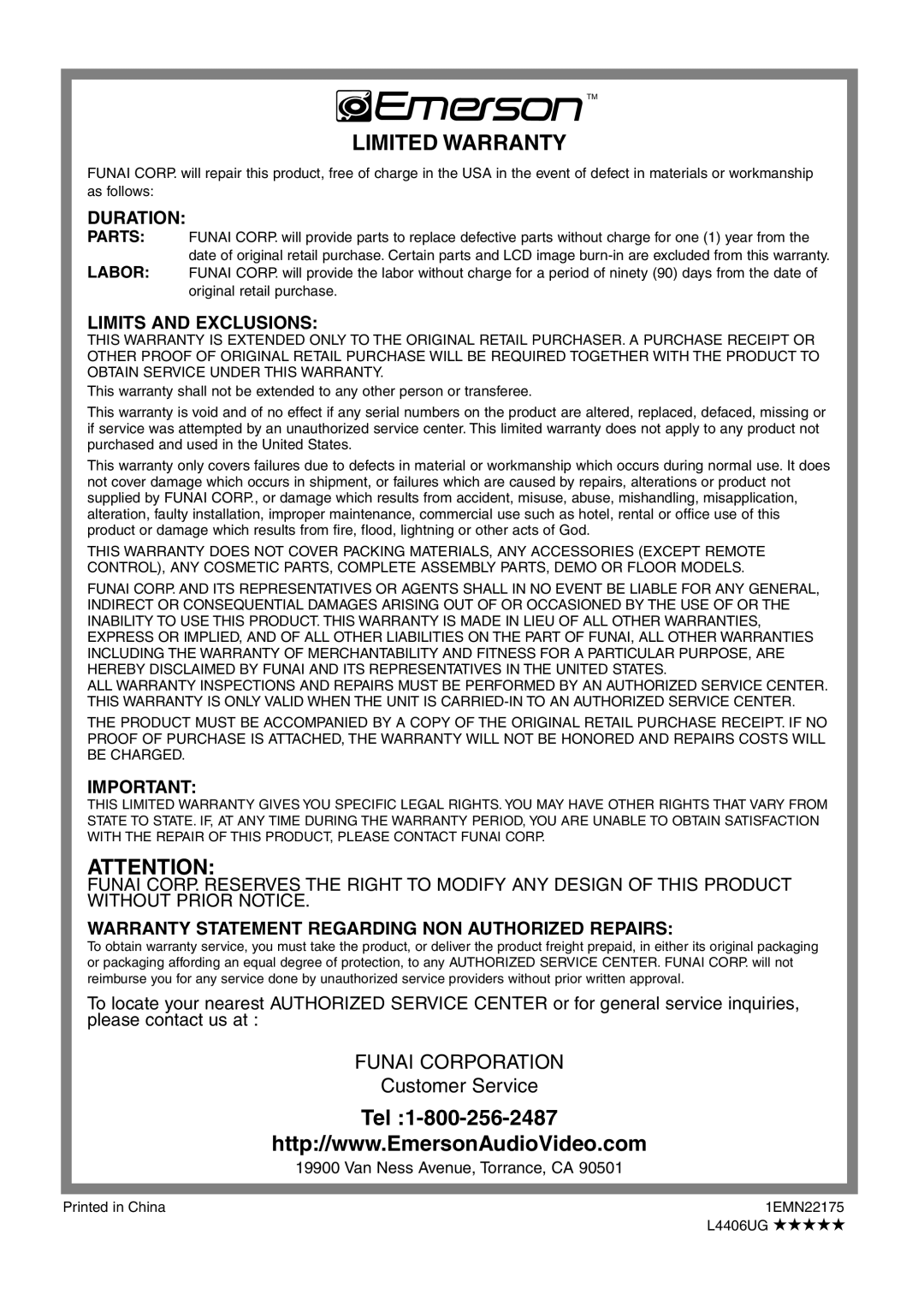 Emerson LC320EM8 owner manual Duration, Limits and Exclusions, Warranty Statement Regarding NON Authorized Repairs 