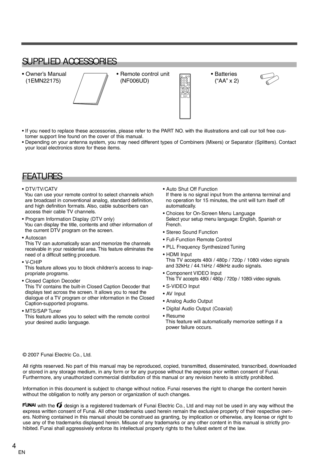 Emerson LC320EM8 owner manual Supplied Accessories, Features, Remote control unit Batteries 1EMN22175 NF006UD AA x 