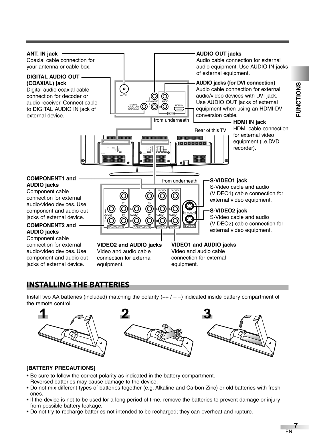 Emerson LC320EM8 owner manual Installing the Batteries, Functions, Digital Audio OUT, Battery Precautions 