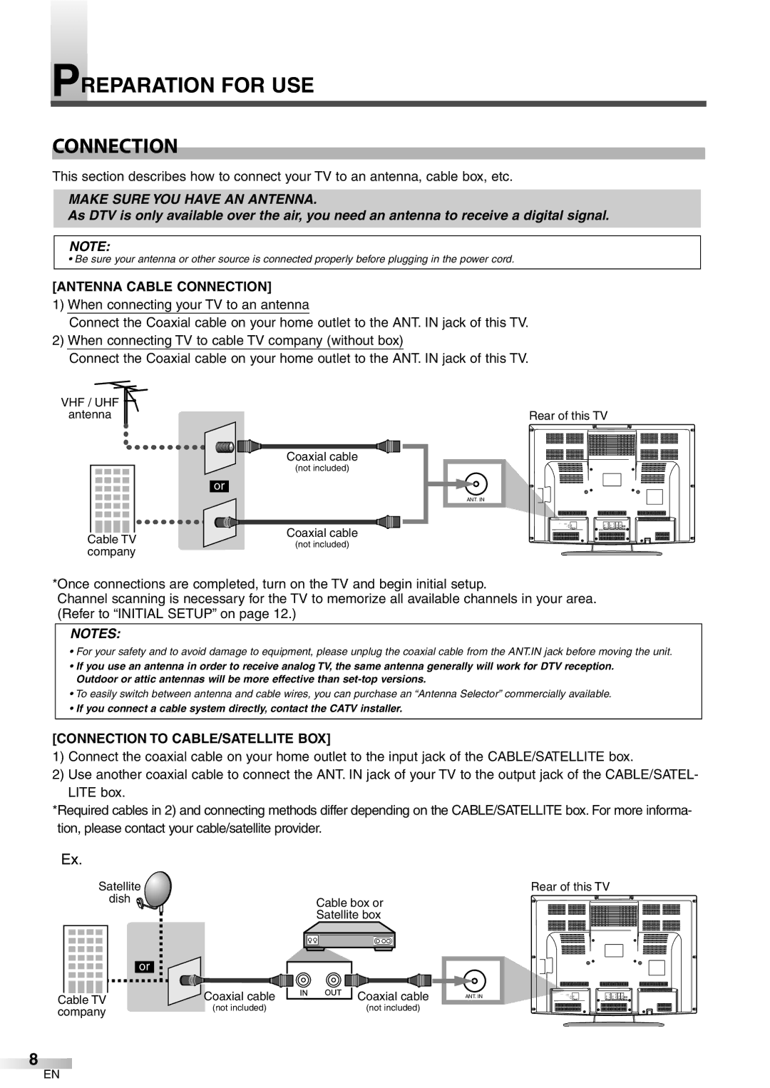 Emerson LC320EM8 owner manual Preparation for USE Connection, Antenna Cable Connection, Connection to CABLE/SATELLITE BOX 