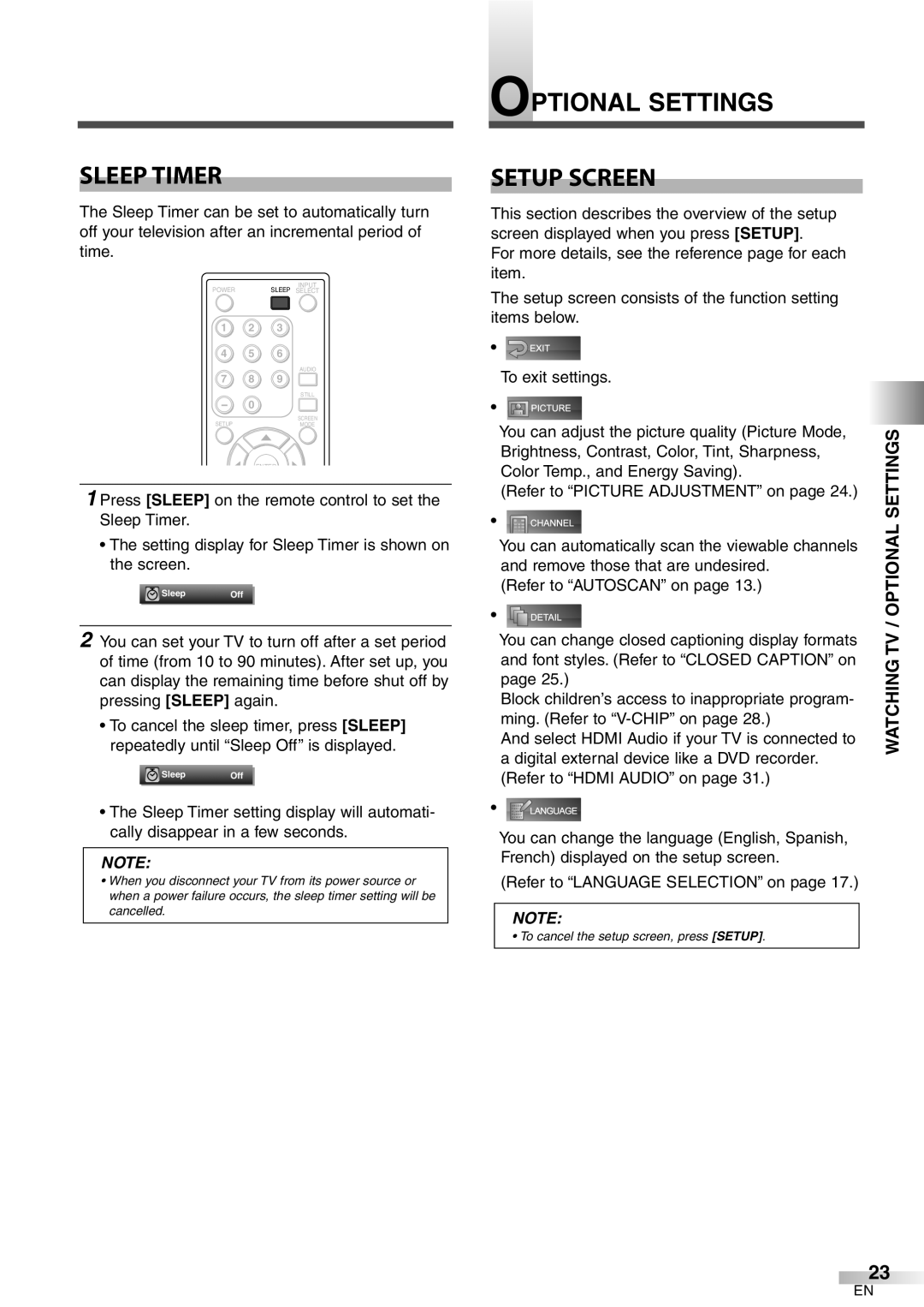 Emerson LC320EM8 owner manual Sleep Timer, Optional Settings, Setup Screen 