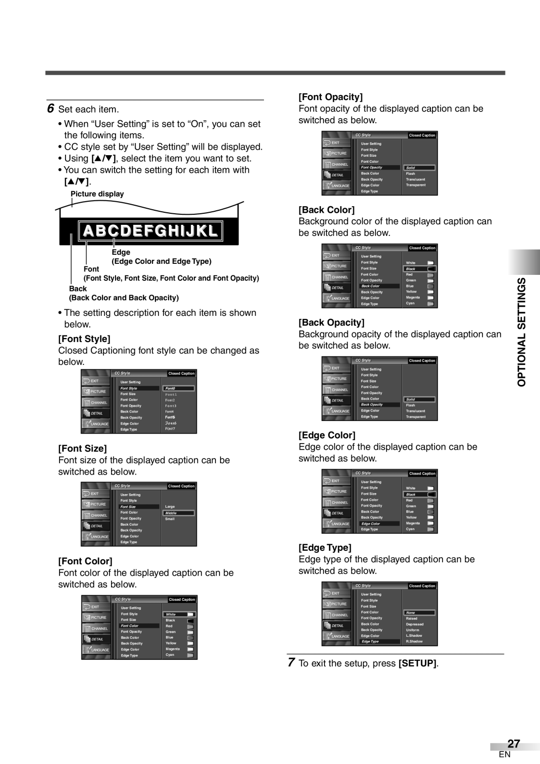 Emerson LC320EM8 Abcdefghijkl, Font Opacity, Font Style, Back Color, Back Opacity, Edge Color, Font Size, Edge Type 