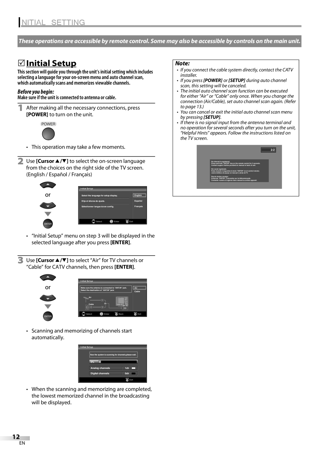 Emerson LC320EM81 owner manual Initial Setting, 5Initial Setup, Make sure if the unit is connected to antenna or cable 