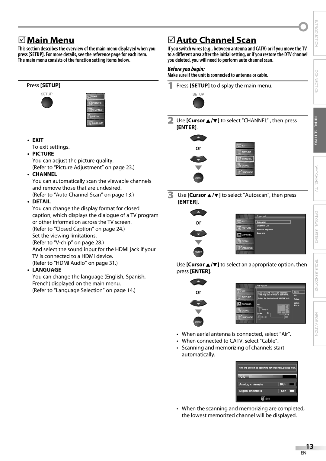 Emerson LC320EM81 owner manual 5Main Menu, 5Auto Channel Scan 