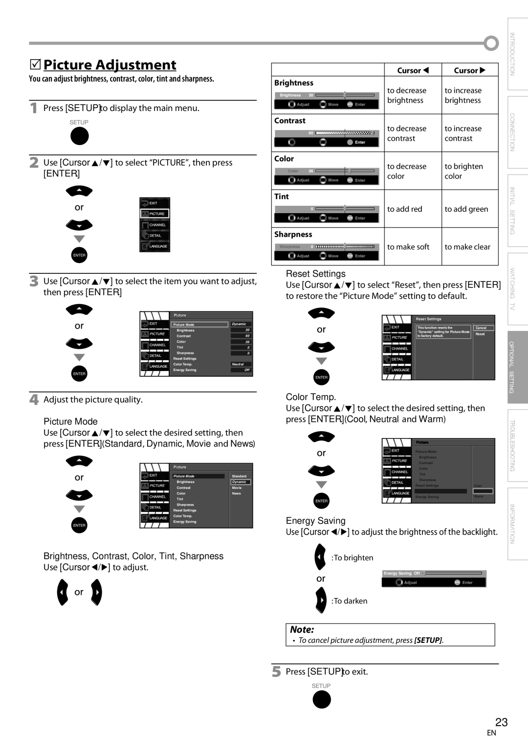 Emerson LC320EM81 owner manual 5Picture Adjustment, Picture Mode, Reset Settings, Color Temp, Energy Saving 