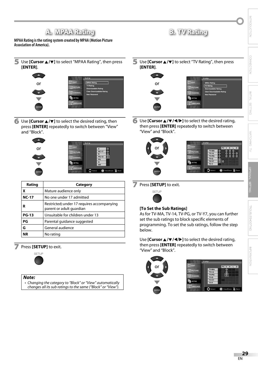 Emerson LC320EM81 owner manual View and Block, Press Setup to exit, To Set the Sub Ratings 