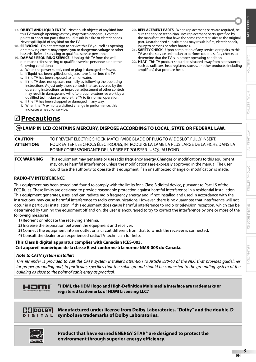 Emerson LC320EM81 owner manual Precautions, RADIO-TV Interference 