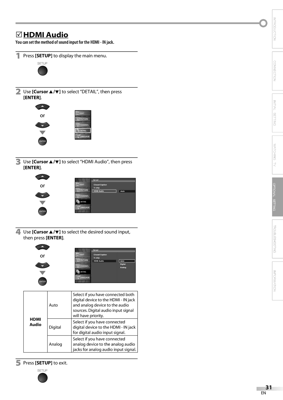 Emerson LC320EM81 owner manual 5HDMI Audio, You can set the method of sound input for the Hdmi in jack 