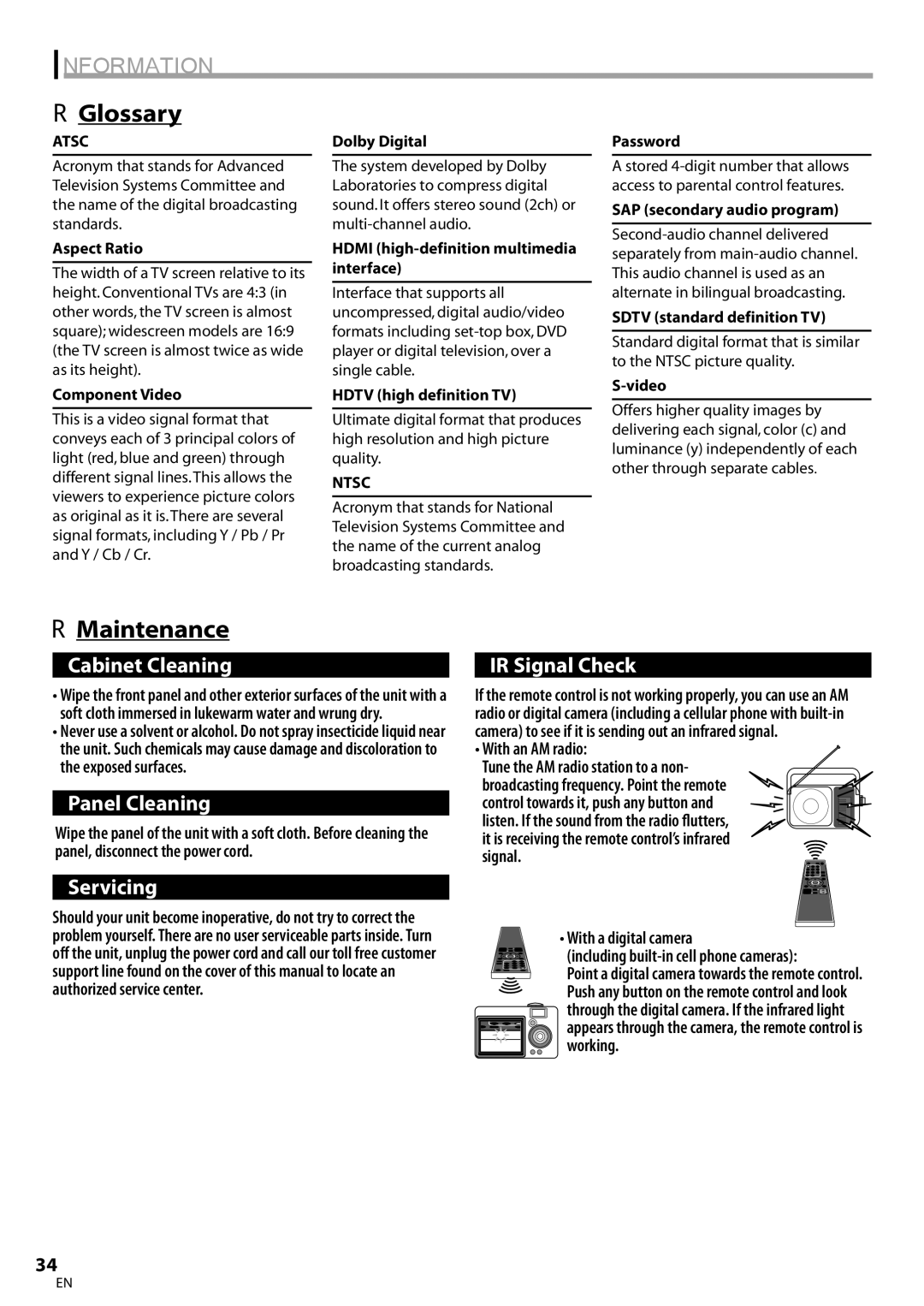 Emerson LC320EM81 owner manual Information, Glossary, Maintenance, Atsc, Ntsc 