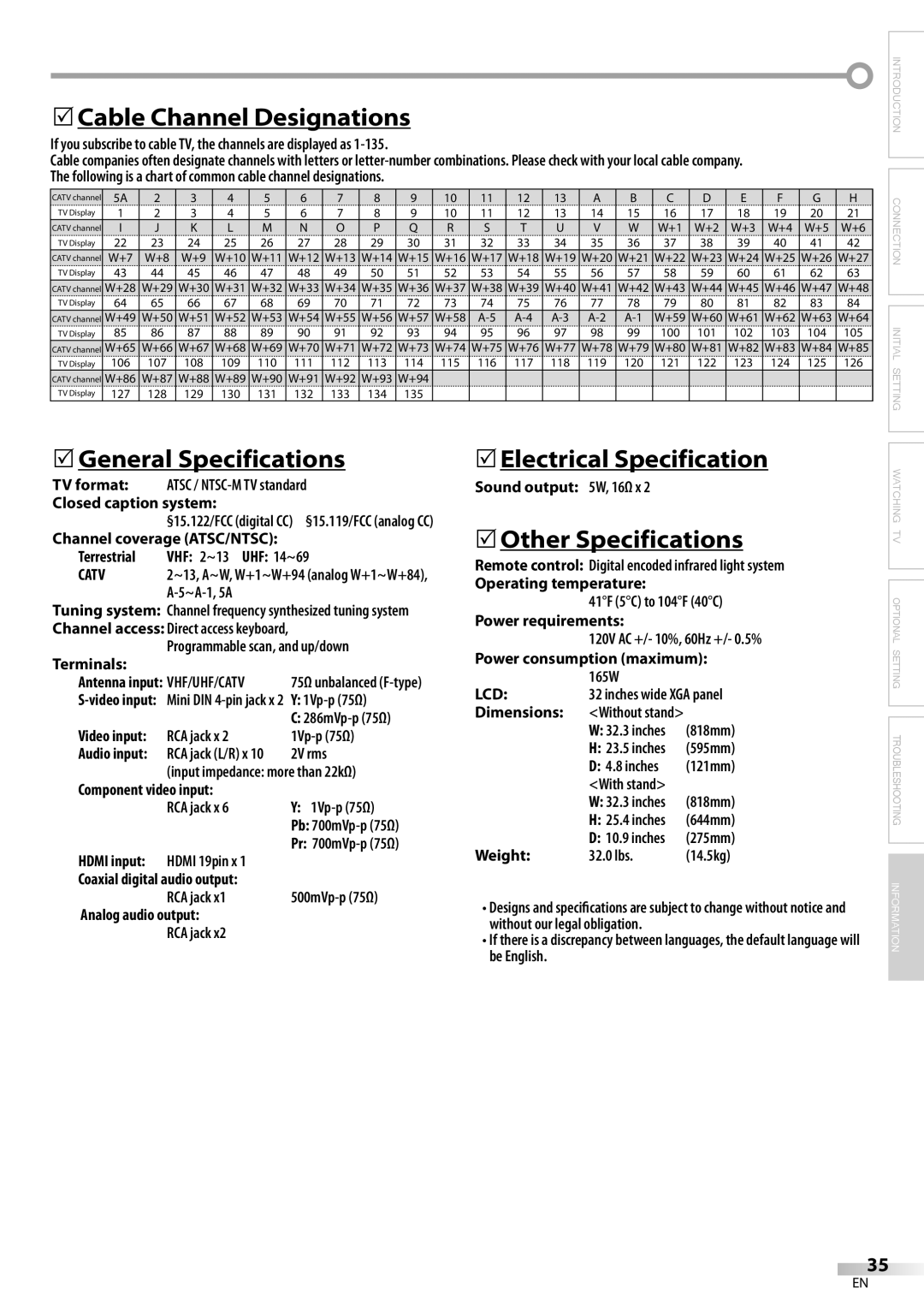 Emerson LC320EM81 5Cable Channel Designations, 5General Specifications, 5Electrical Specification, 5Other Specifications 