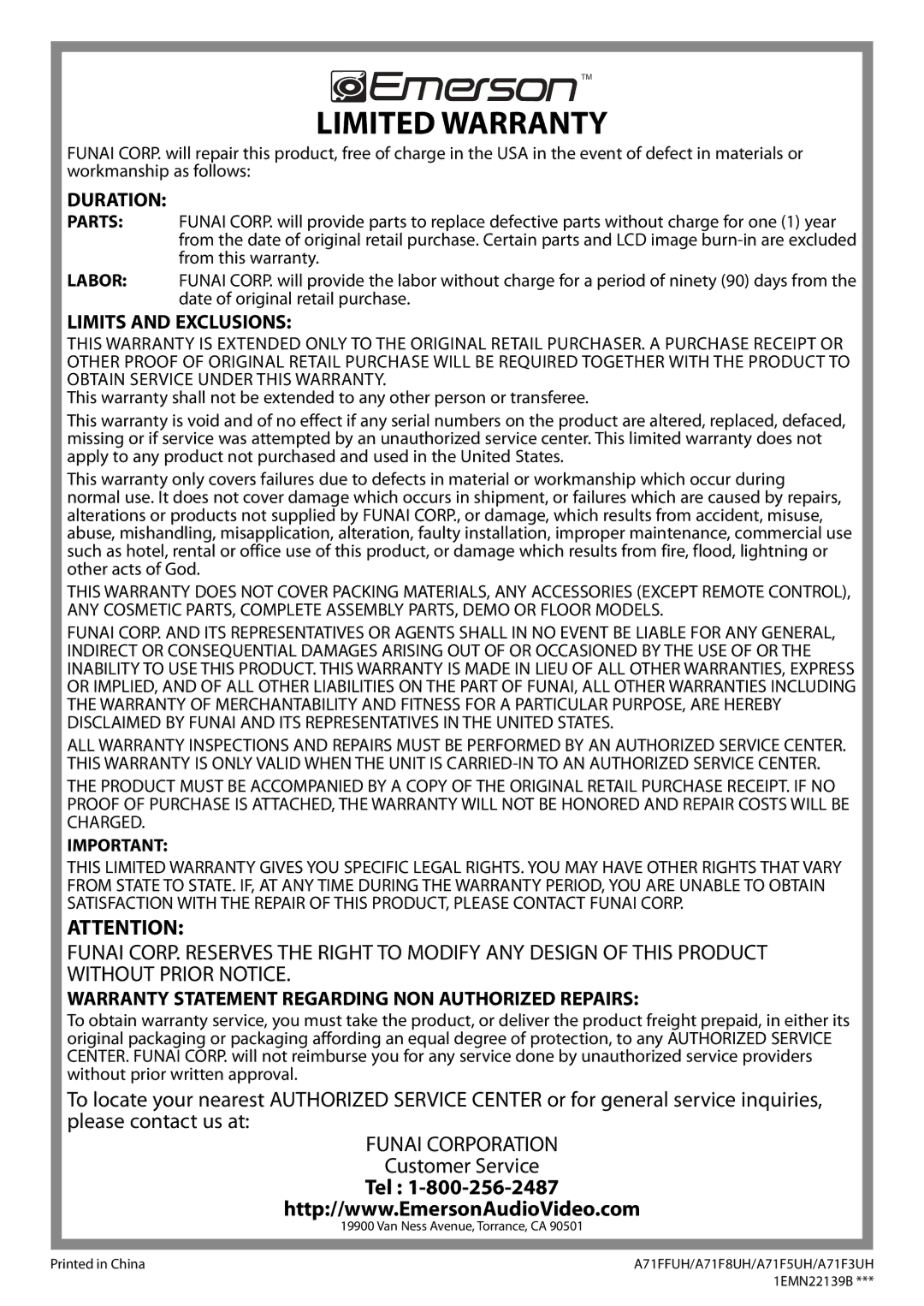 Emerson LC320EM81 owner manual Limited Warranty 