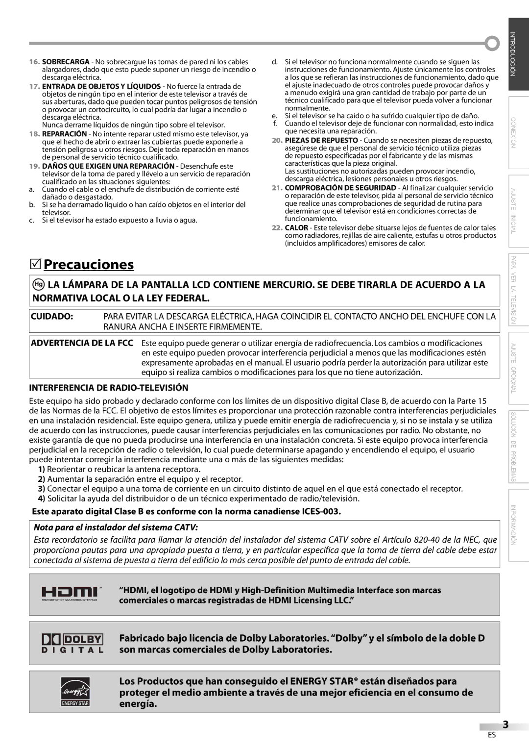 Emerson LC320EM81 owner manual Precauciones, Interferencia DE RADIO-TELEVISIÓN 