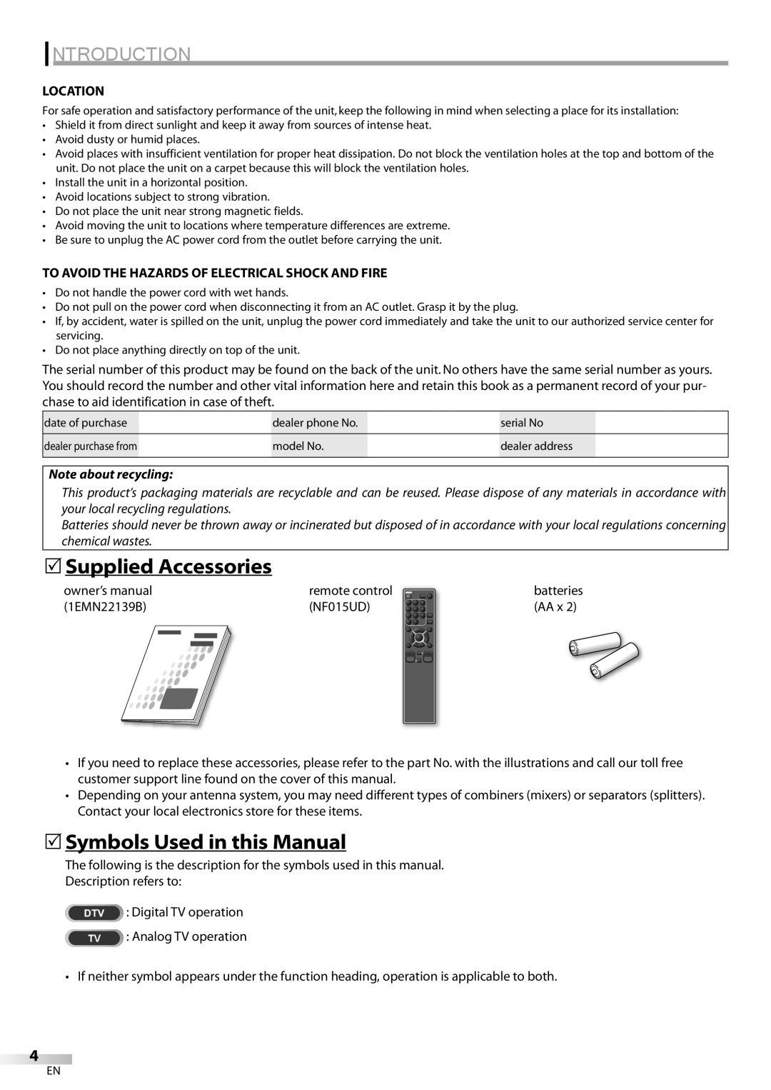 Emerson LC320EM81 owner manual 5Supplied Accessories, 5Symbols Used in this Manual, Location, Remote control 