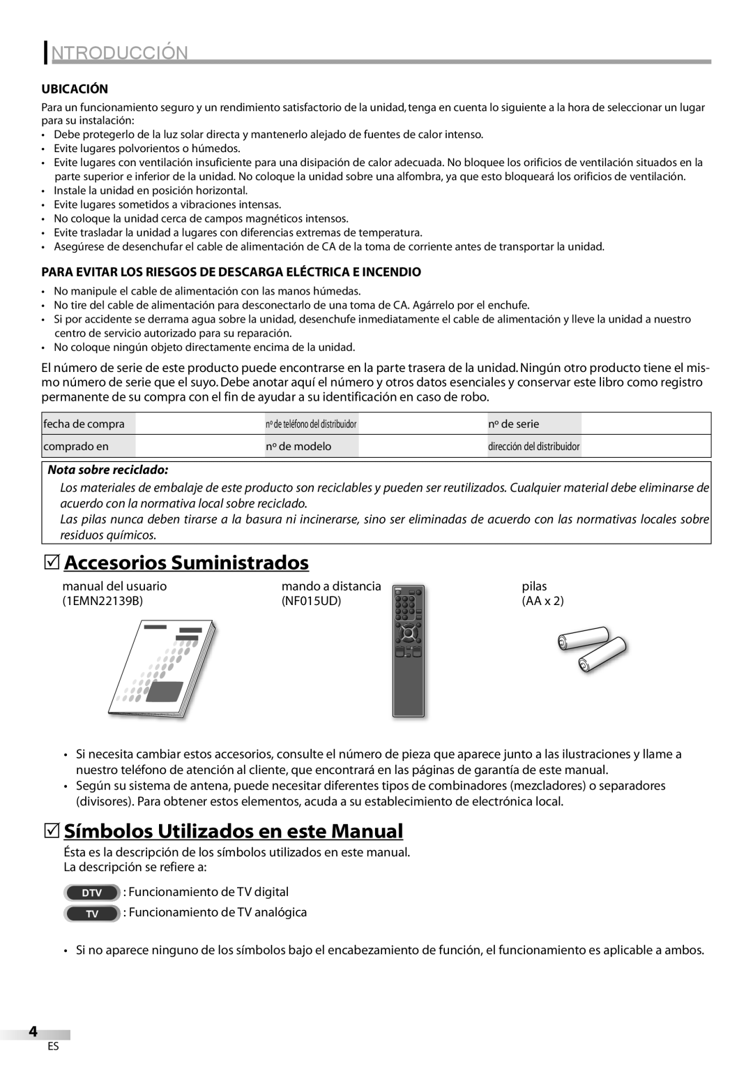 Emerson LC320EM81 owner manual 5Accesorios Suministrados, 5Símbolos Utilizados en este Manual, Ubicación 