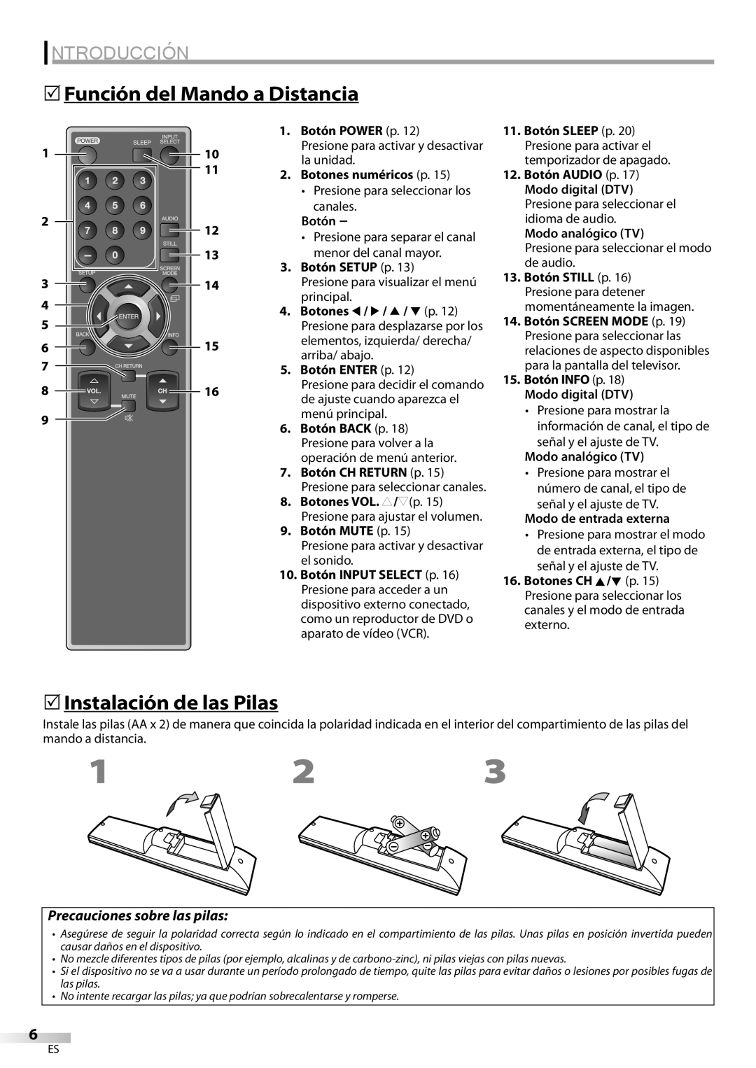 Emerson LC320EM81 owner manual 5Función del Mando a Distancia, 5Instalación de las Pilas 