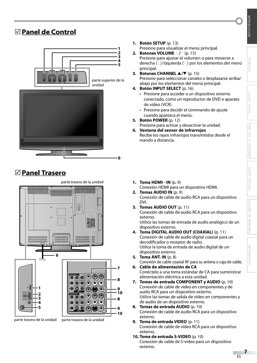 Emerson LC320EM81 owner manual 5Panel de Control, 5Panel Trasero 