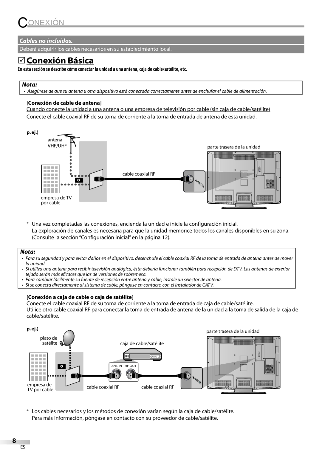 Emerson LC320EM81 5Conexión Básica, Conexión de cable de antena, Conexión a caja de cable o caja de satélite 