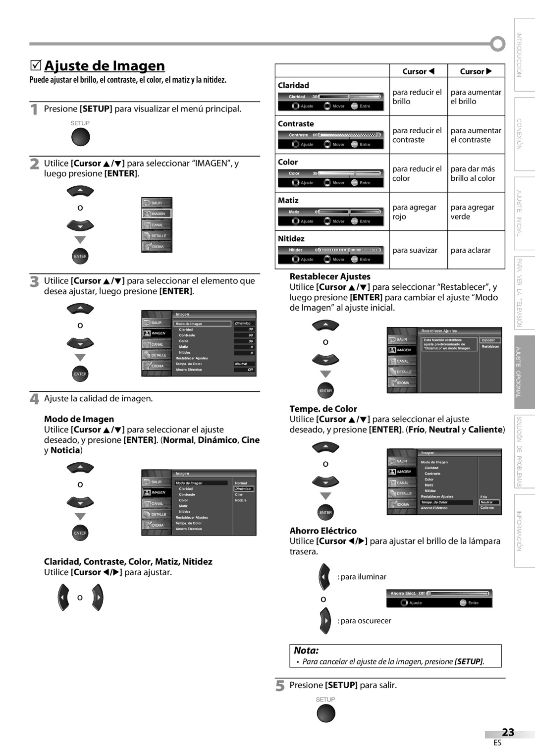 Emerson LC320EM81 5Ajuste de Imagen, Modo de Imagen, Claridad, Contraste, Color, Matiz, Nitidez, Restablecer Ajustes 