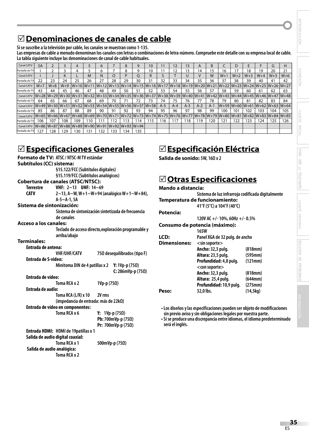 Emerson LC320EM81 owner manual 5Denominaciones de canales de cable, 5Especificaciones Generales, 5Especificación Eléctrica 