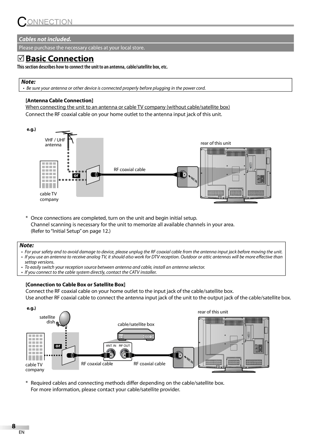 Emerson LC320EM81 owner manual 5Basic Connection, Antenna Cable Connection, Connection to Cable Box or Satellite Box 