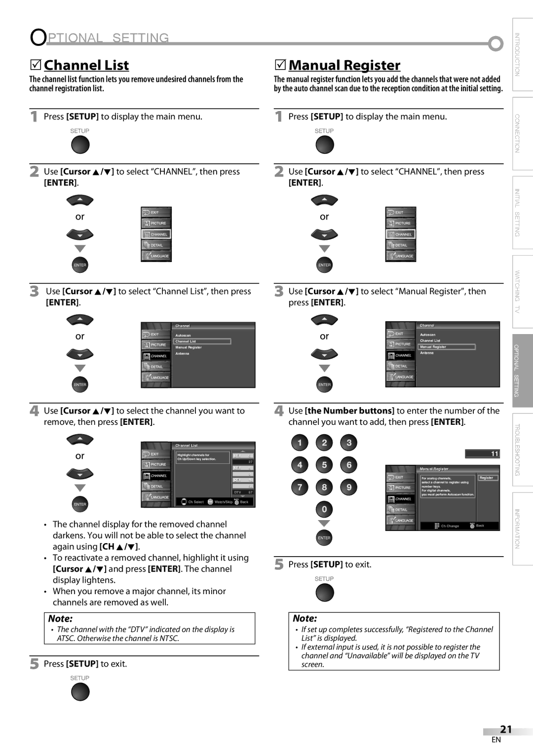 Emerson LC320EM82 owner manual Optional Setting, 5Channel List, 5Manual Register, Press Setup to display the main menu 