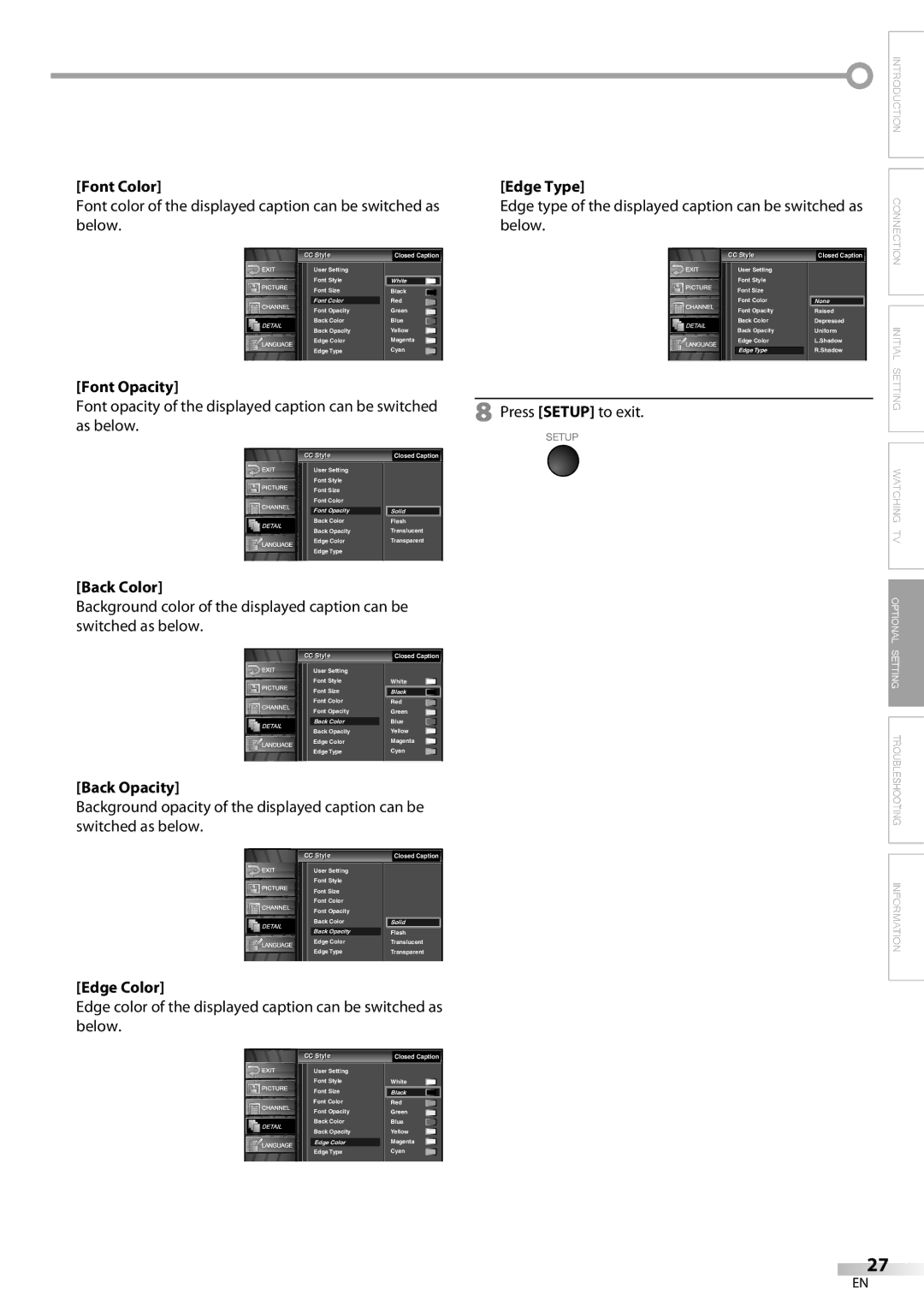 Emerson LC320EM82 owner manual Font Color, Font Opacity, Back Color, Back Opacity, Edge Color, Edge Type 