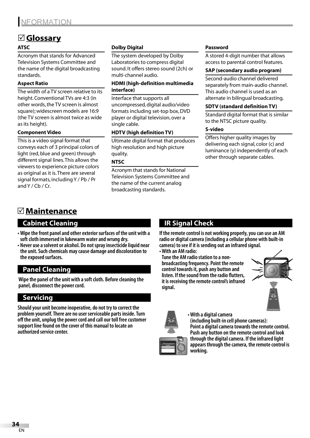 Emerson LC320EM82 owner manual Information, Glossary, Maintenance, Atsc, Ntsc 