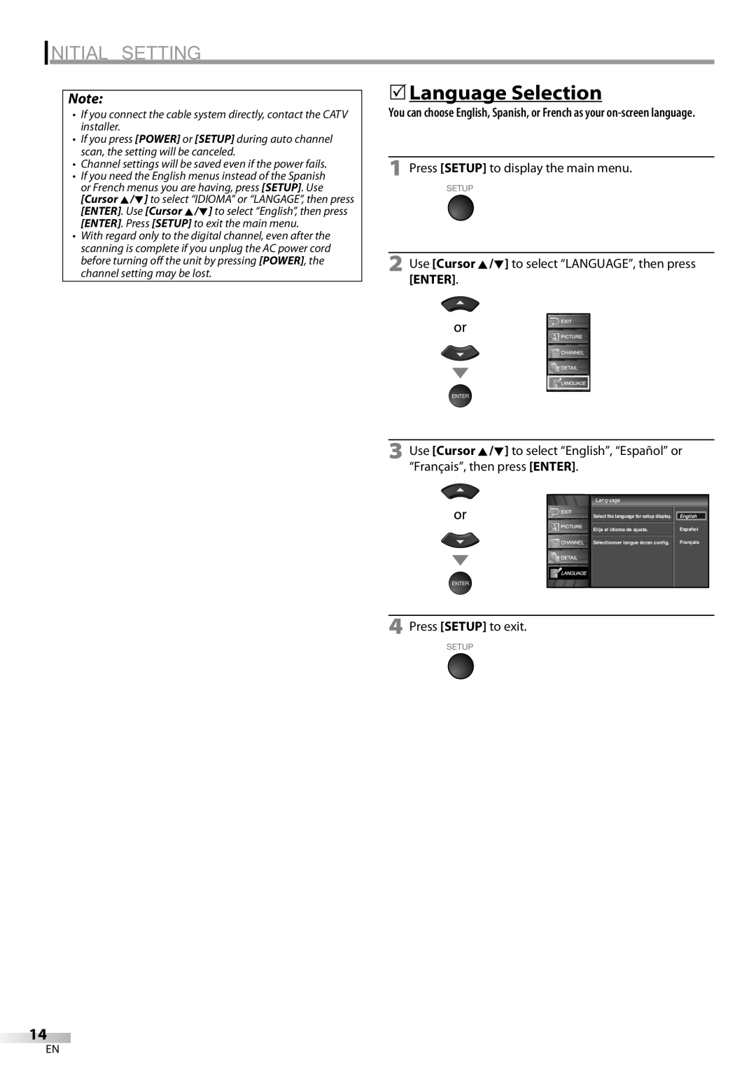 Emerson LC320EM8A owner manual Language Selection, Press Setup to exit 