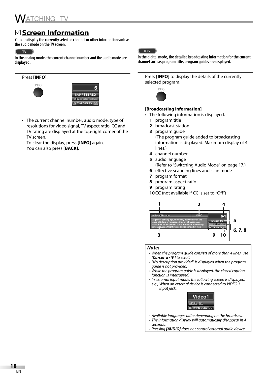 Emerson LC320EM8A owner manual Screen Information, Press Info, Broadcasting Information, Day of Memoriesi 