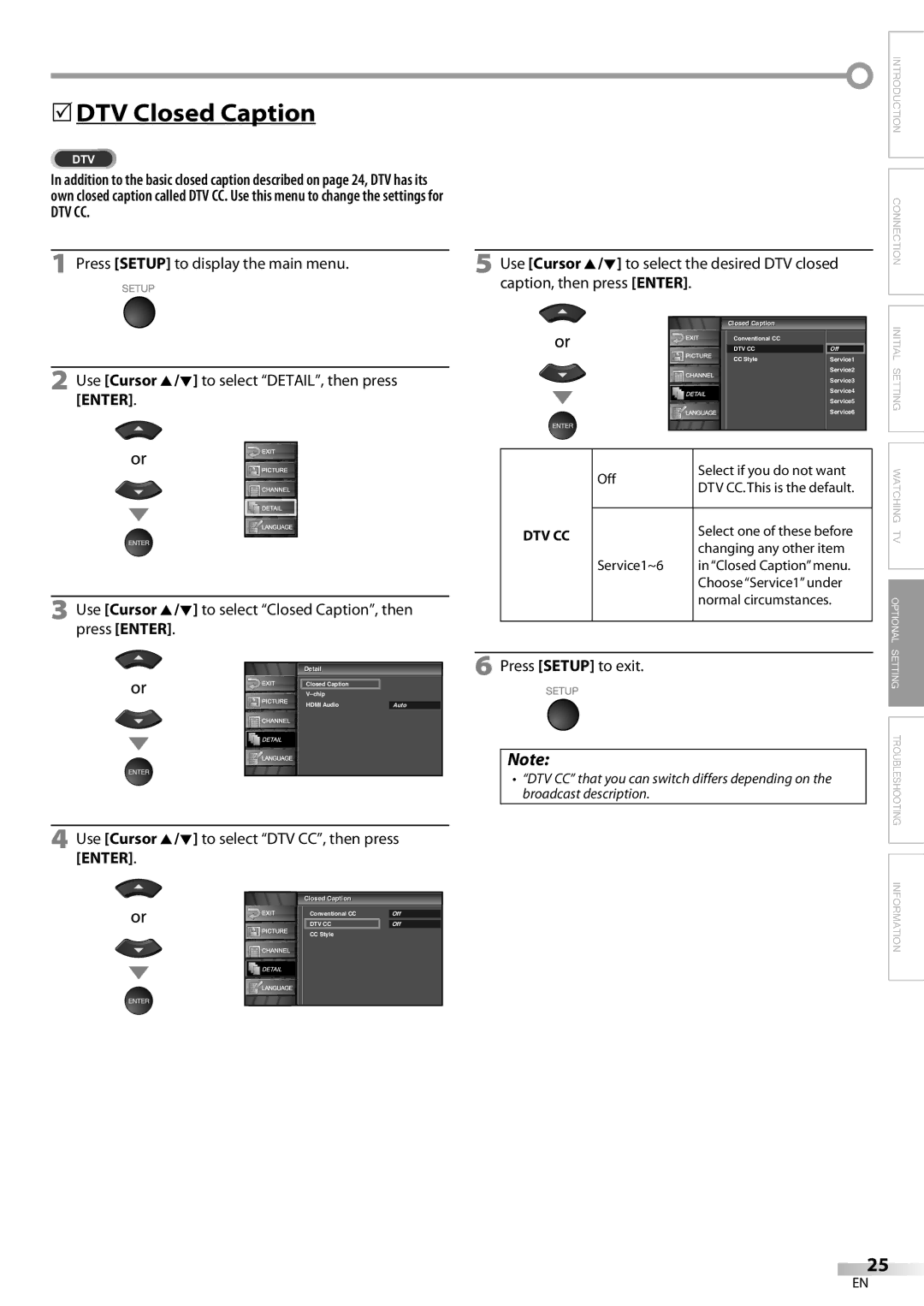 Emerson LC320EM8A owner manual DTV Closed Caption, Dtv Cc, Use Cursor K/L to select DTV CC, then press 