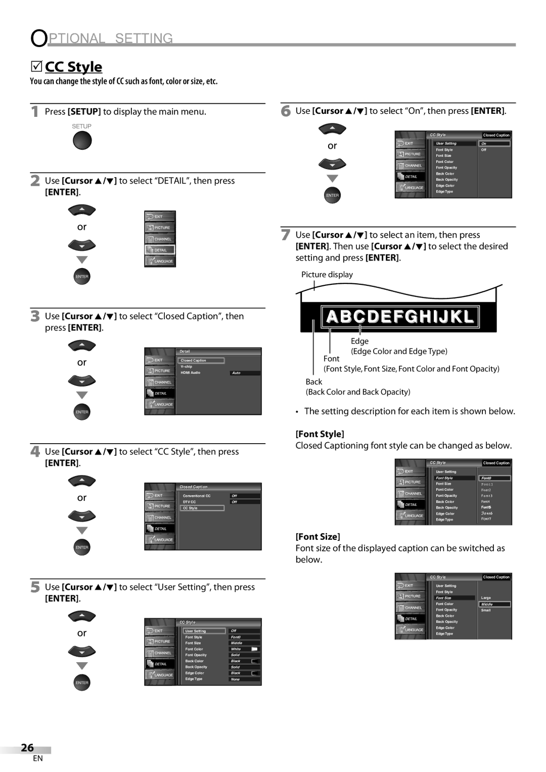 Emerson LC320EM8A owner manual CC Style, Font Style, Font Size 