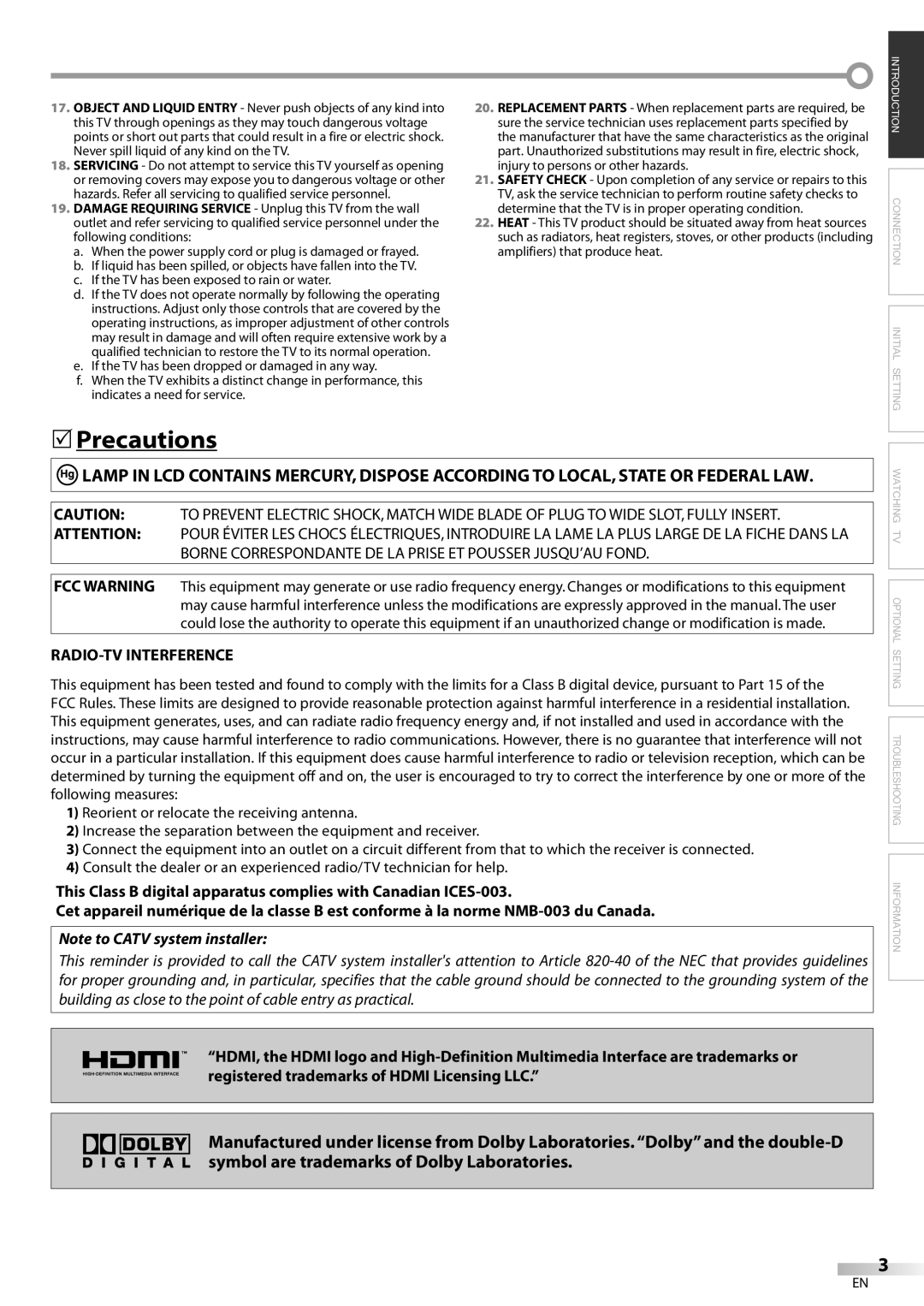 Emerson LC320EM8A owner manual Precautions, RADIO-TV Interference 