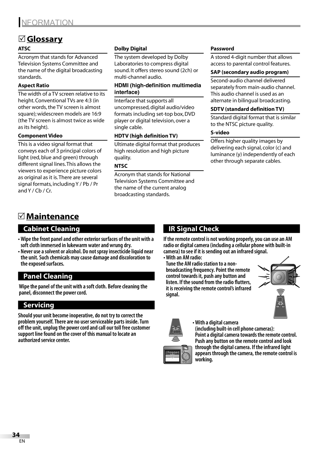 Emerson LC320EM8A owner manual Information, Glossary, Maintenance, Atsc, Ntsc 