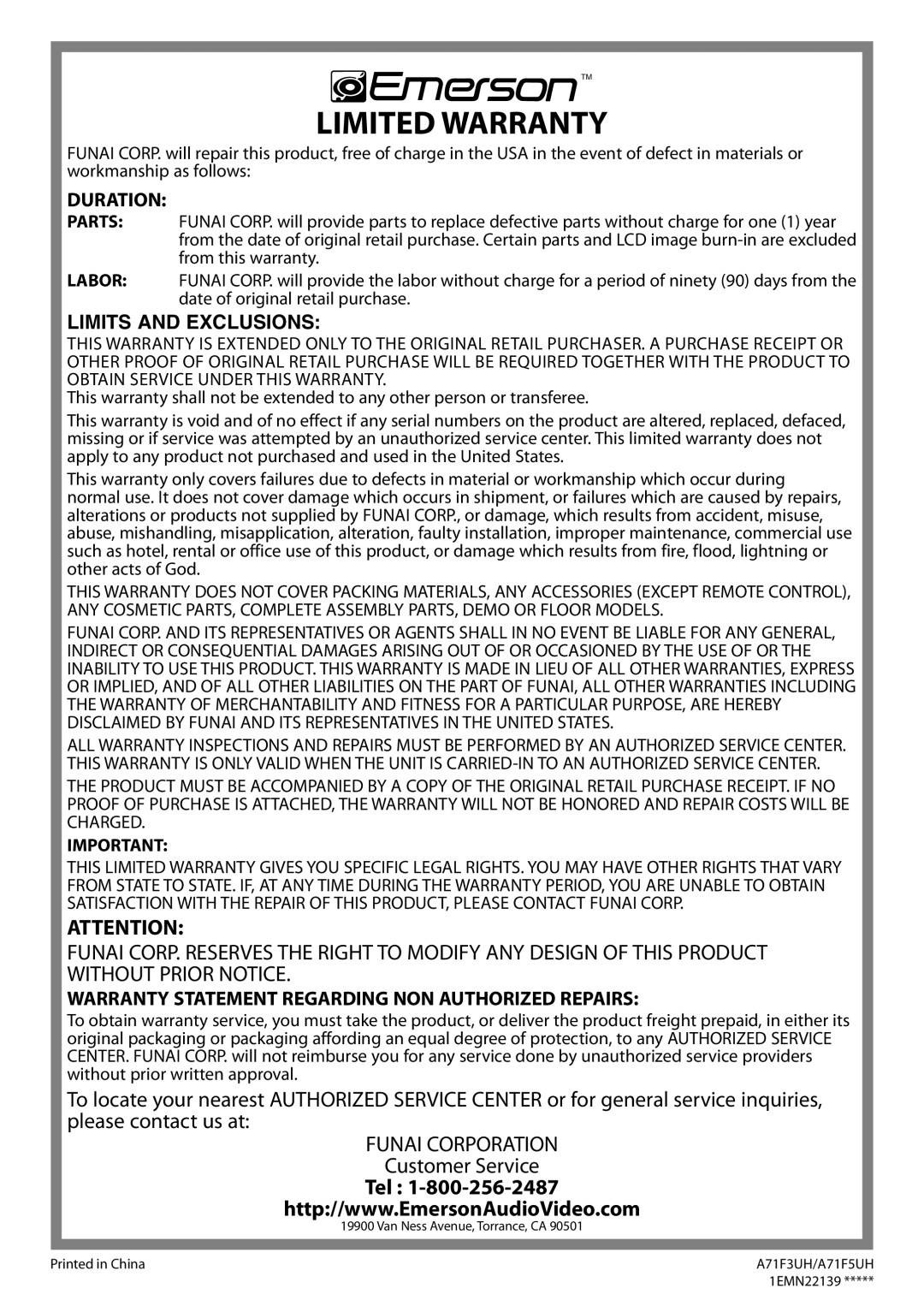 Emerson LC320EM8A owner manual Limited Warranty 