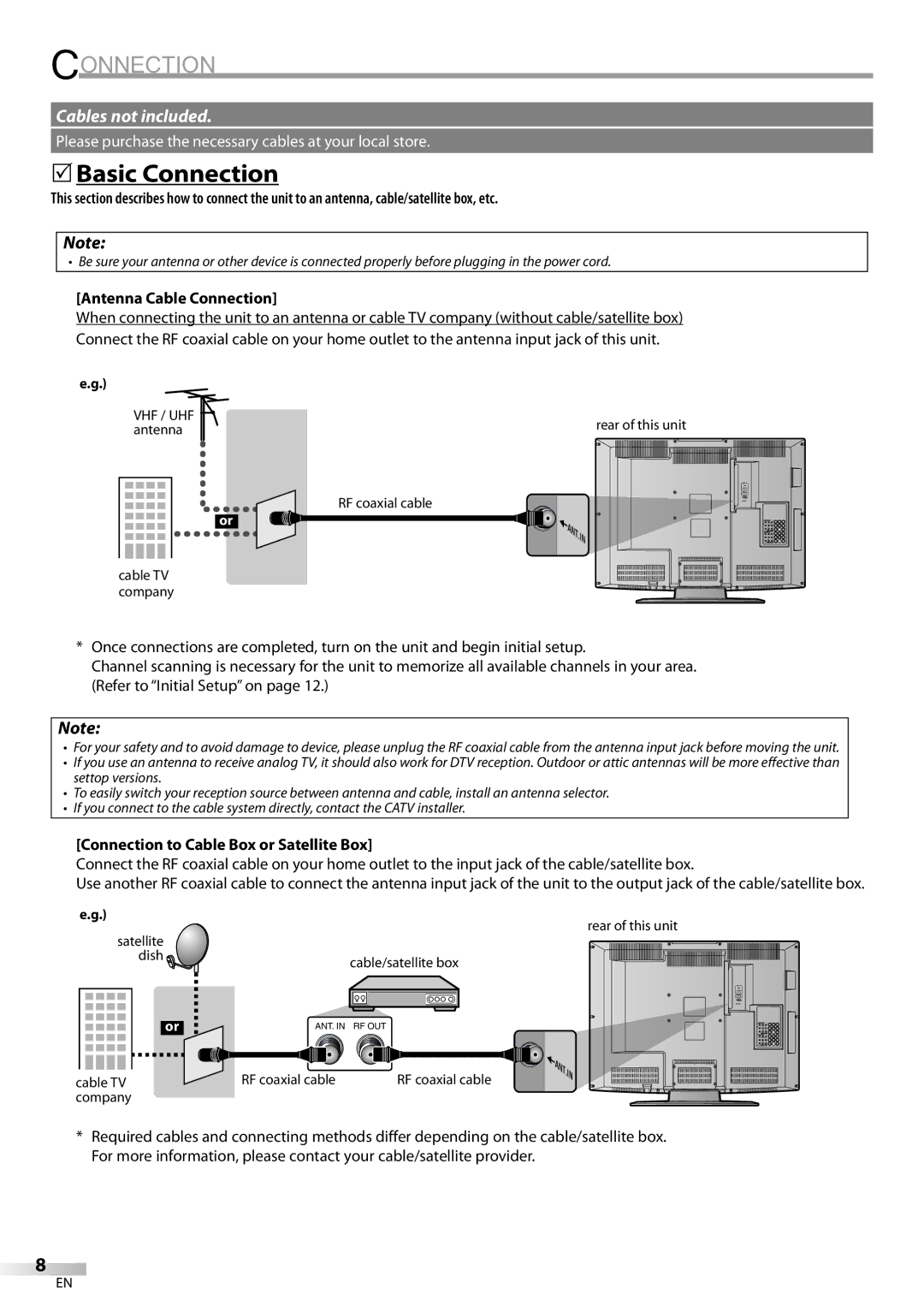 Emerson LC320EM8A owner manual Basic Connection, Antenna Cable Connection, Connection to Cable Box or Satellite Box 