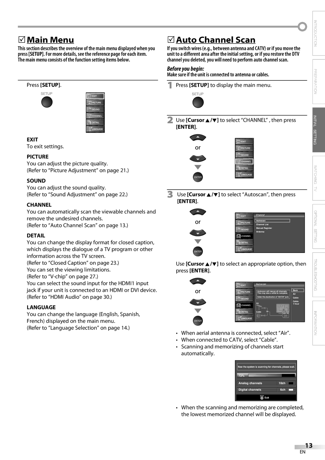 Emerson LC320EM9 B, LC320EM9 3 owner manual 5Main Menu, 5Auto Channel Scan 