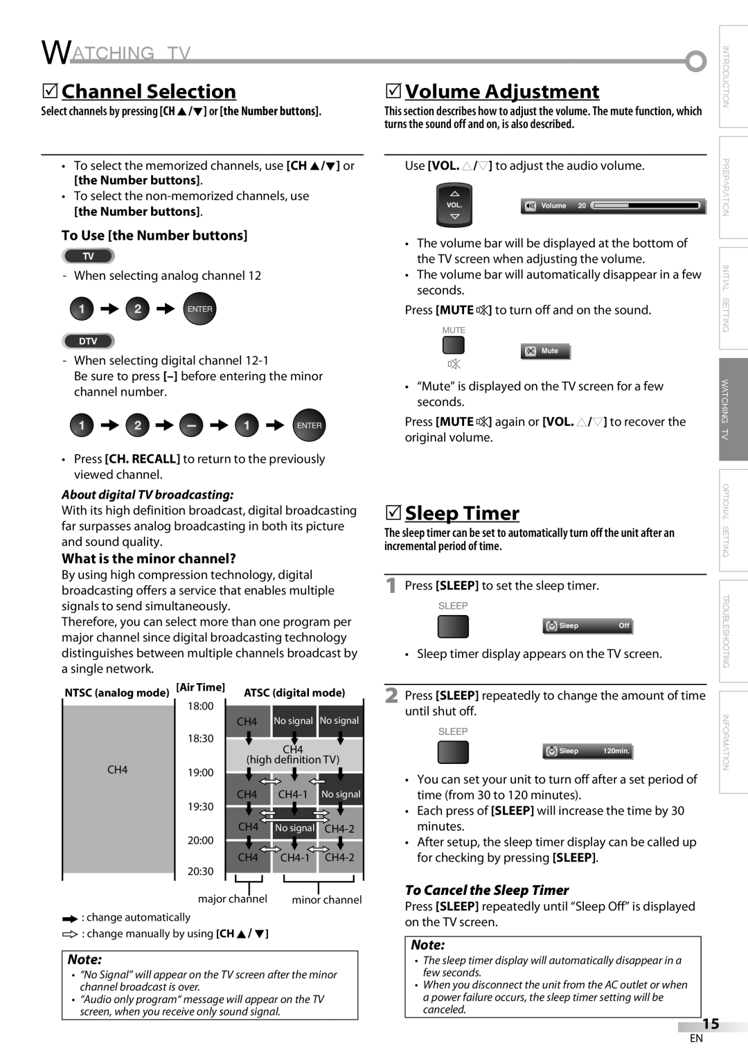 Emerson LC320EM9 B Watching TV, 5Channel Selection, 5Volume Adjustment, 5Sleep Timer, To Cancel the Sleep Timer 