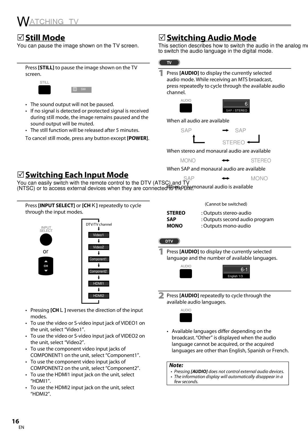 Emerson LC320EM9 B, LC320EM9 3 owner manual 5Still Mode, 5Switching Each Input Mode, 5Switching Audio Mode 