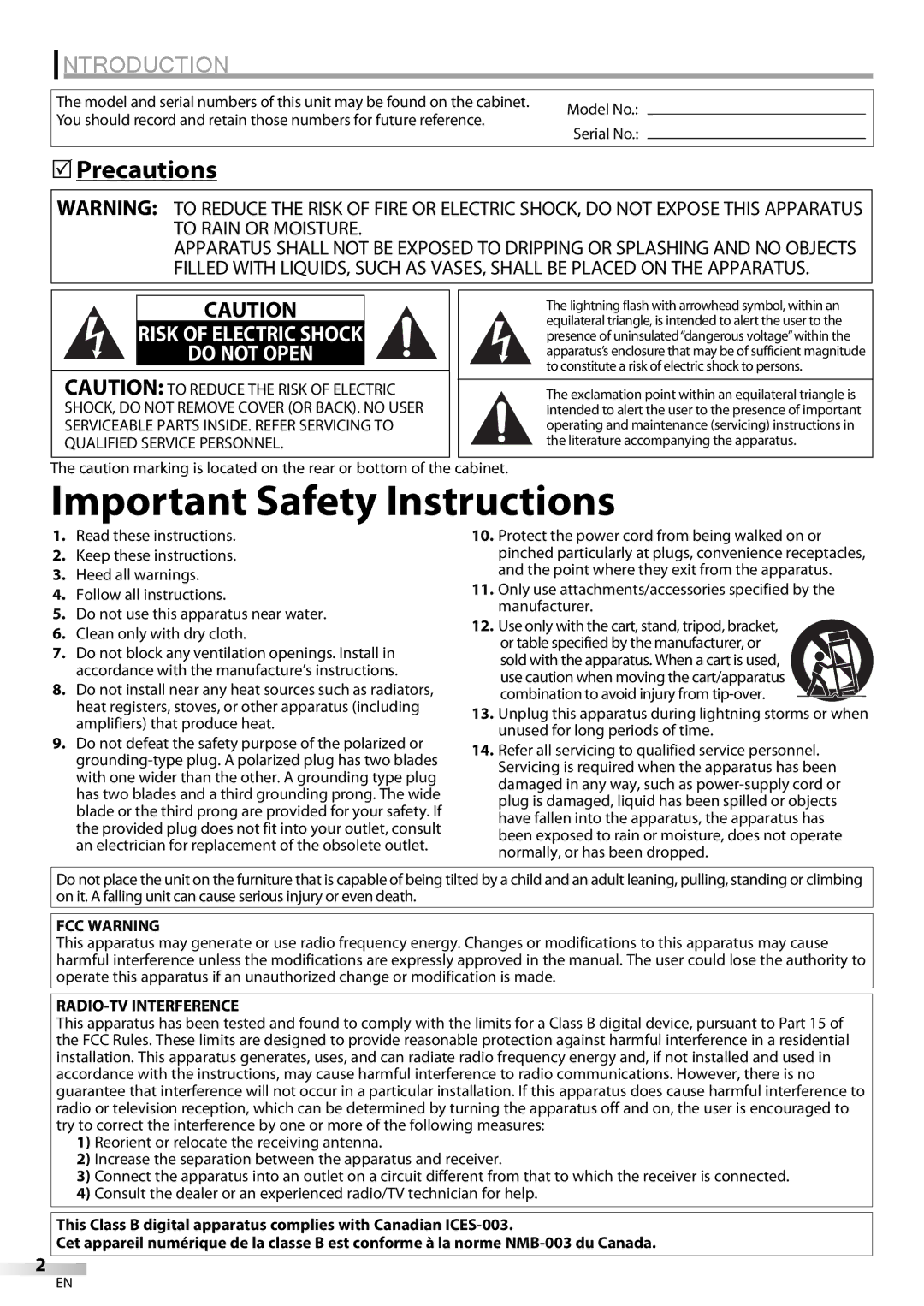 Emerson LC320EM9 3, LC320EM9 B owner manual Introduction, Precautions, FCC Warning, RADIO-TV Interference 