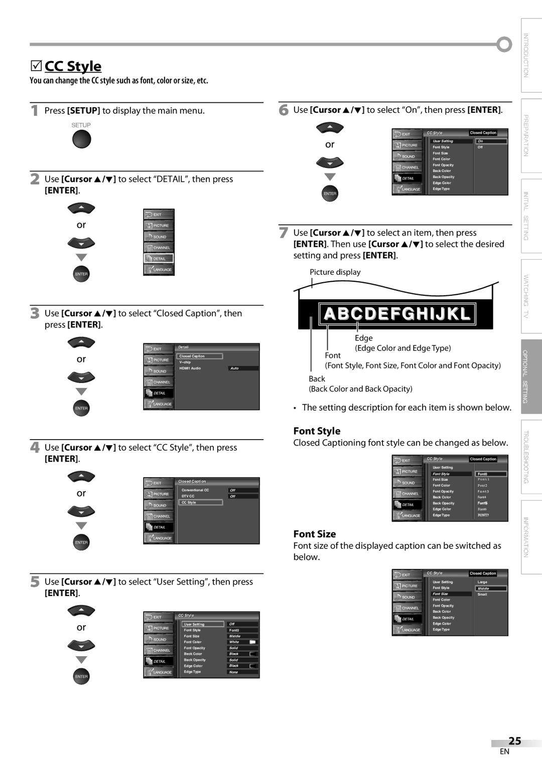 Emerson LC320EM9 B, LC320EM9 3 owner manual 5CC Style, Font Style, To select CC Style, then press, Below 