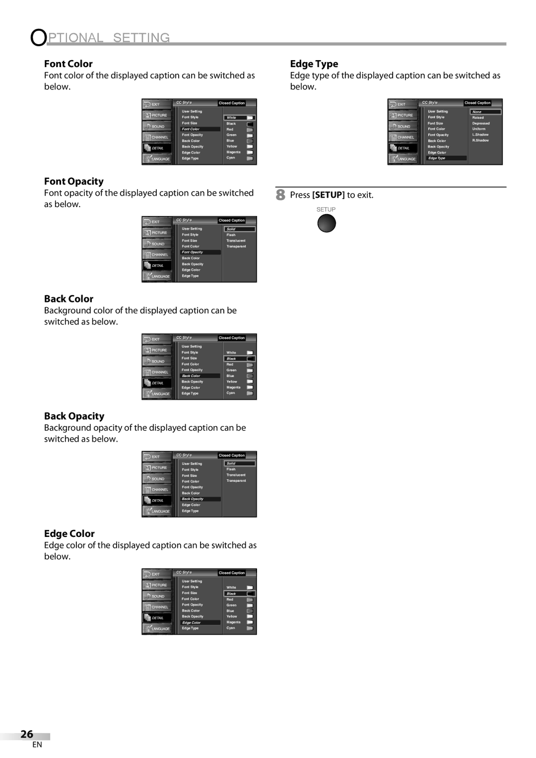 Emerson LC320EM9 3, LC320EM9 B owner manual Font Color, Edge Type, Back Color, Back Opacity, Edge Color 