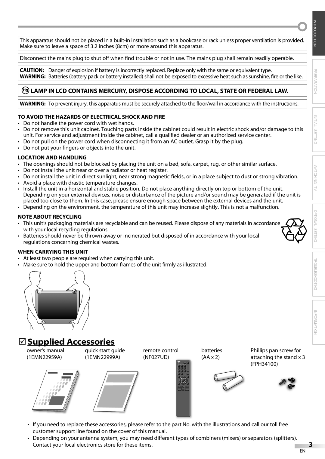 Emerson LC320EM9 B, LC320EM9 3 owner manual 5Supplied Accessories, Location and Handling, When Carrying this Unit 