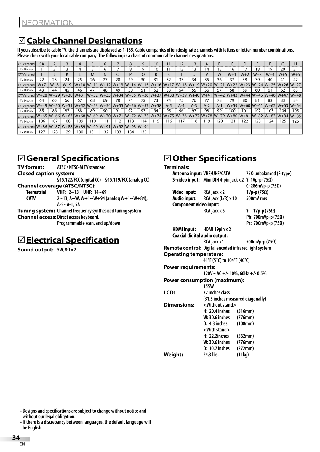 Emerson LC320EM9 B 5Cable Channel Designations, 5General Specifications, 5Electrical Specification, 5Other Specifications 